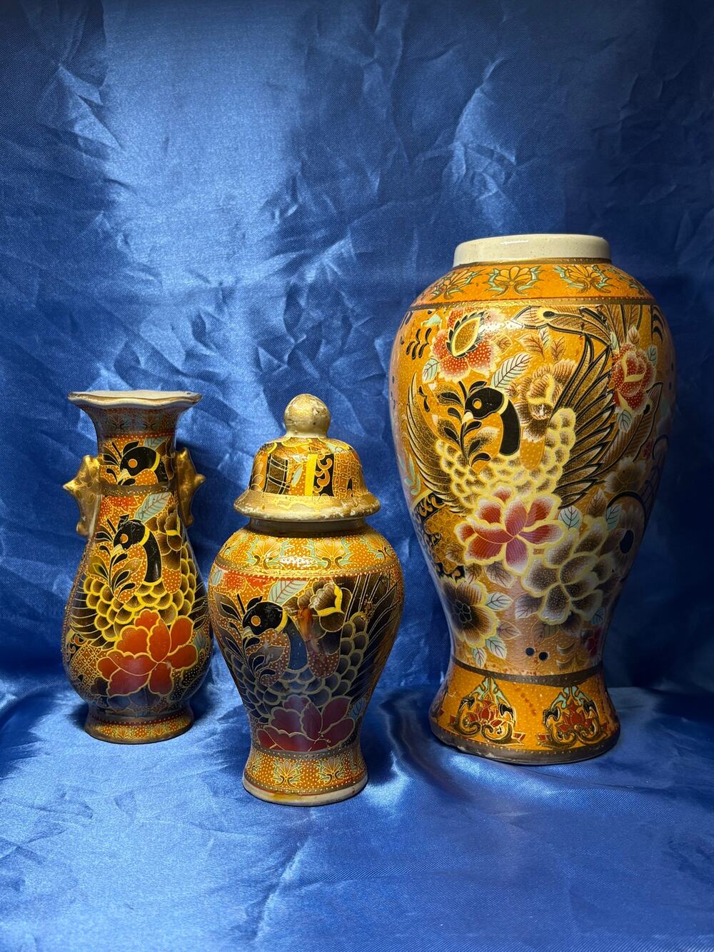 Vintage Asian Satsuma Style Three Piece Set Vase and Ginger Jar